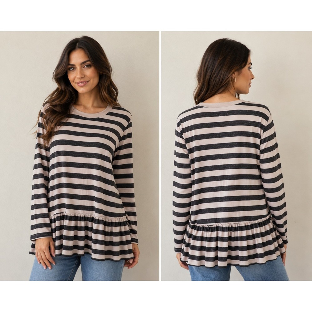 THE GREAT distressed Striped Tunic Shirt Top Sz 0 Gray Khakhi Preppy With Flaws